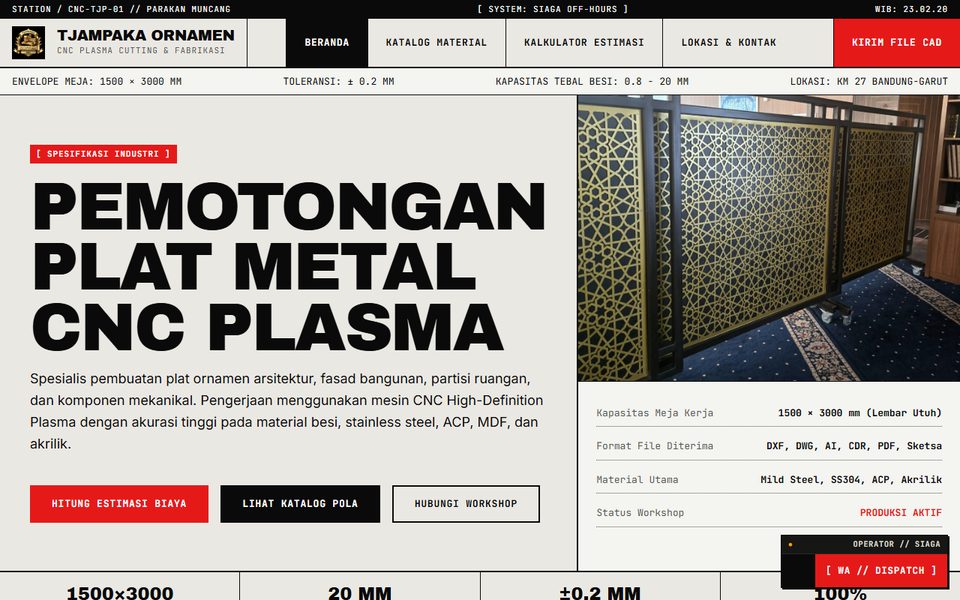 Beranda situs Tjampaka Ornamen: pemotongan plat metal CNC plasma