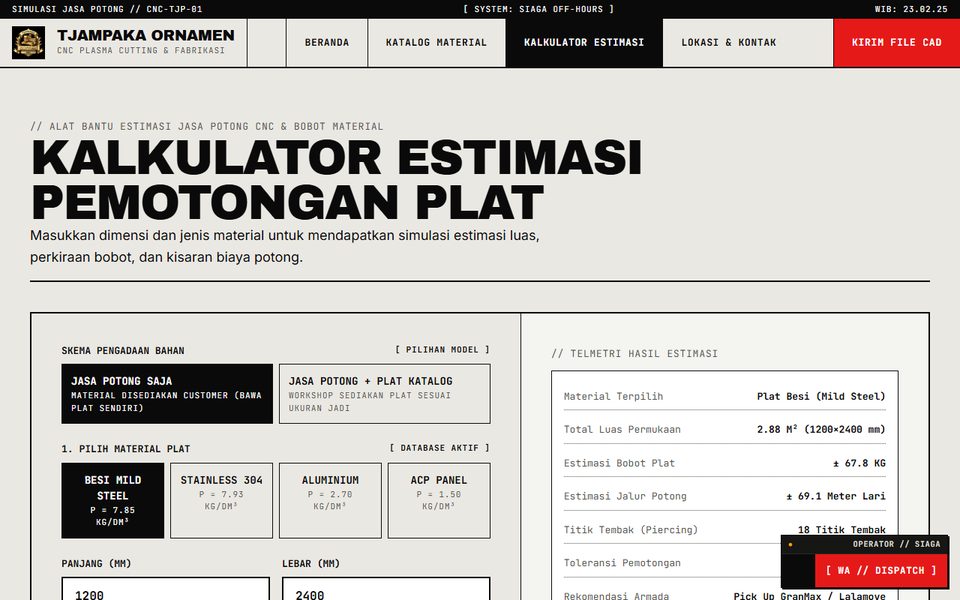 Kalkulator estimasi pemotongan plat di situs Tjampaka Ornamen