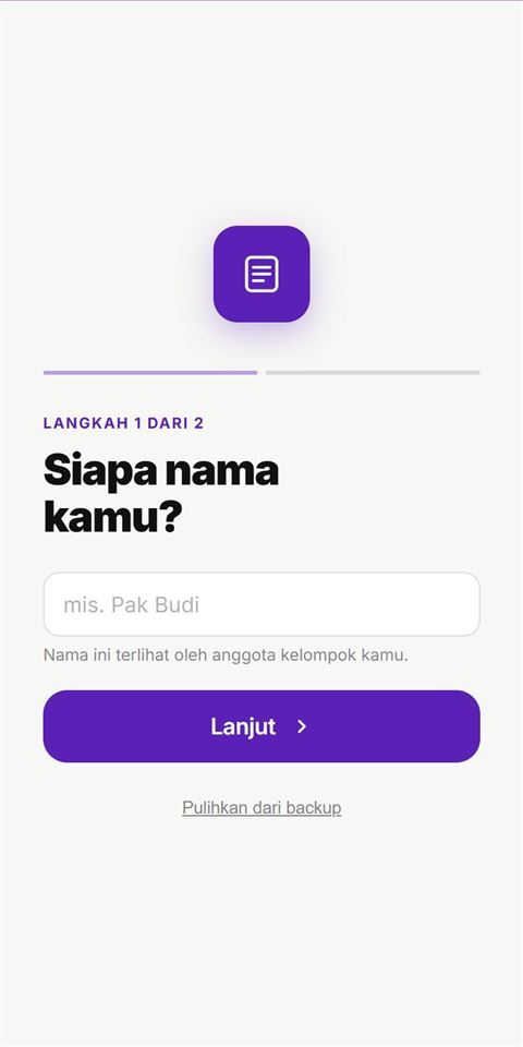 Layar awal NotaKita untuk mengisi nama pengguna